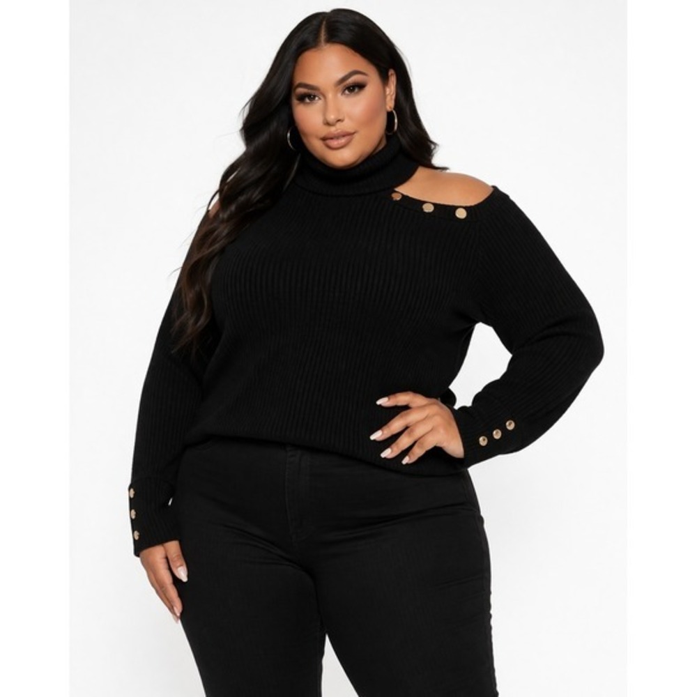 Design History Black Shimmer Ribbed Cold Shoulder Button Sweater 1X NWOT